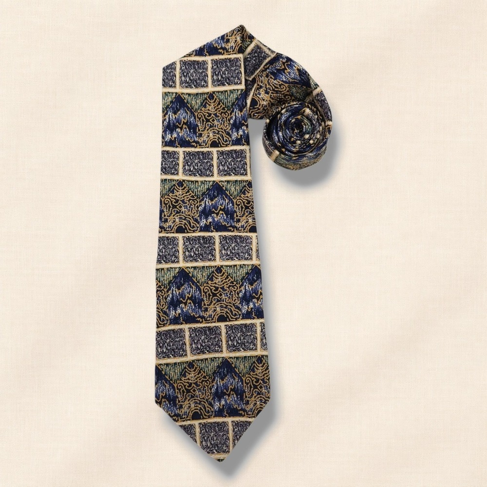 Albert Nipon Silk Necktie Abstract Geo Paisley Jacquard Blue Gold Vintage‎ OS